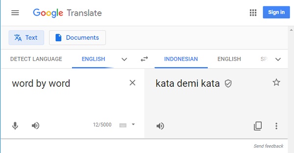 terjemahan kata di google translate